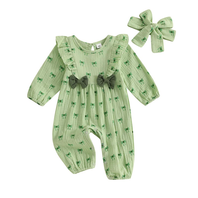 Lamuusaa Newborn Baby Girl St Patricks Day Outfit Long Sleeve Bow Four Leaf Clover Romper Ruffle Jumpsuit Headband (Green, 0-3 Months) - Image 1