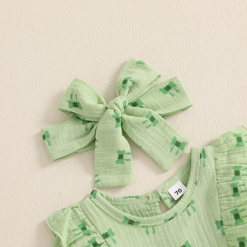 Lamuusaa Newborn Baby Girl St Patricks Day Outfit Long Sleeve Bow Four Leaf Clover Romper Ruffle Jumpsuit Headband (Green, 0-3 Months) - Image 2