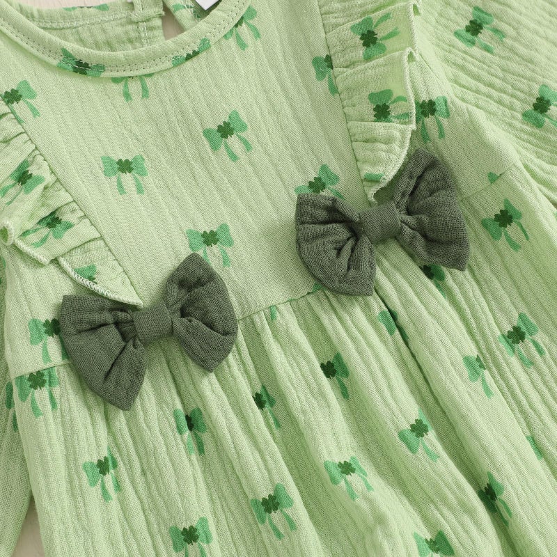 Lamuusaa Newborn Baby Girl St Patricks Day Outfit Long Sleeve Bow Four Leaf Clover Romper Ruffle Jumpsuit Headband (Green, 0-3 Months) - Image 3