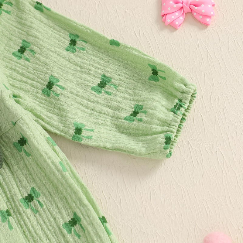 Lamuusaa Newborn Baby Girl St Patricks Day Outfit Long Sleeve Bow Four Leaf Clover Romper Ruffle Jumpsuit Headband (Green, 0-3 Months) - Image 4