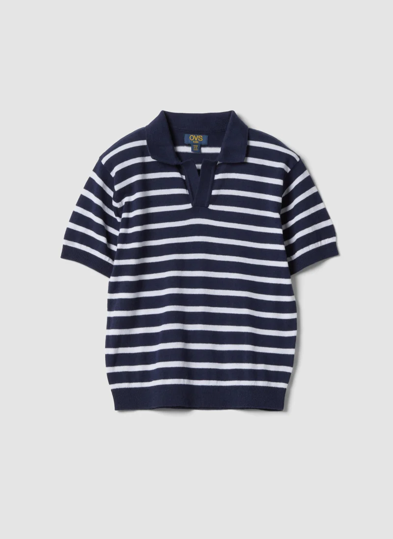 او في اس OVS Blue Striped Pure Cotton Polo Shirt