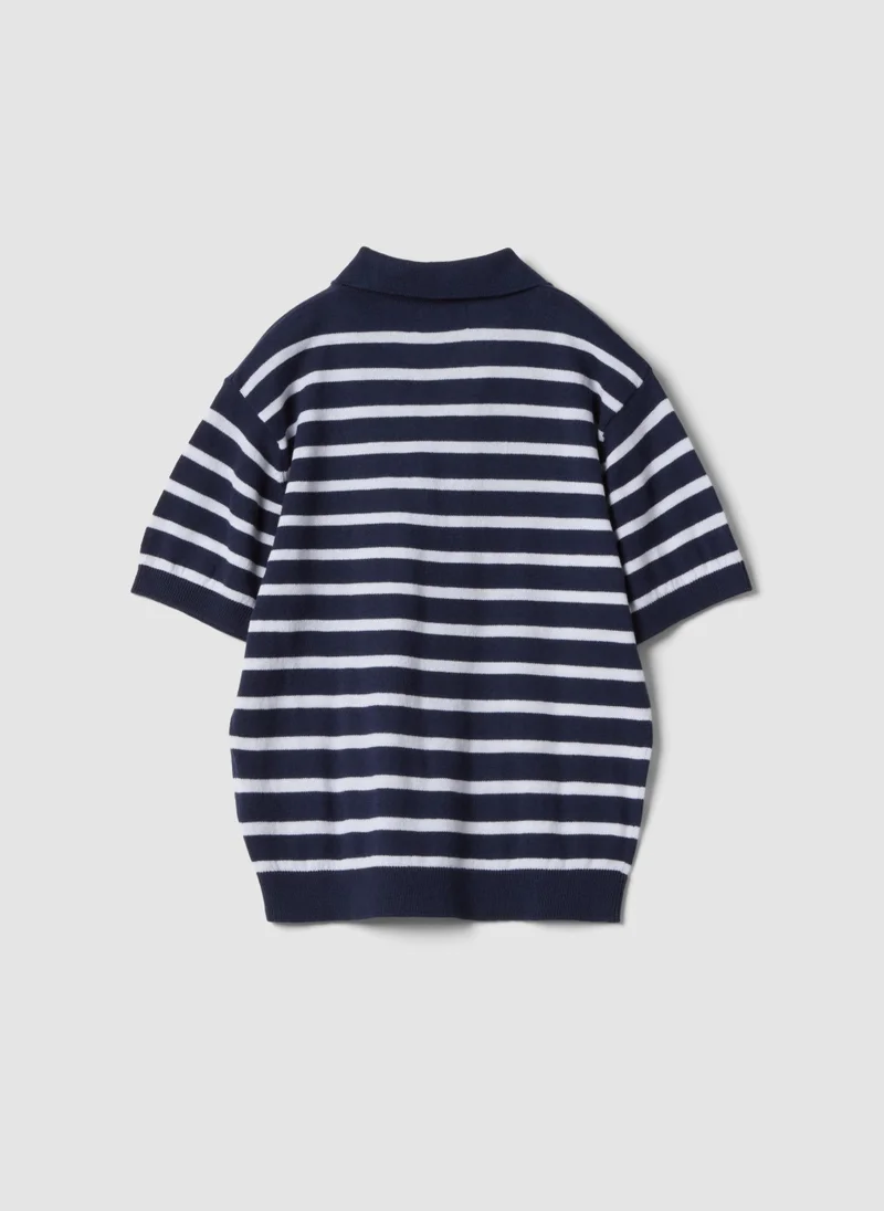 او في اس OVS Blue Striped Pure Cotton Polo Shirt