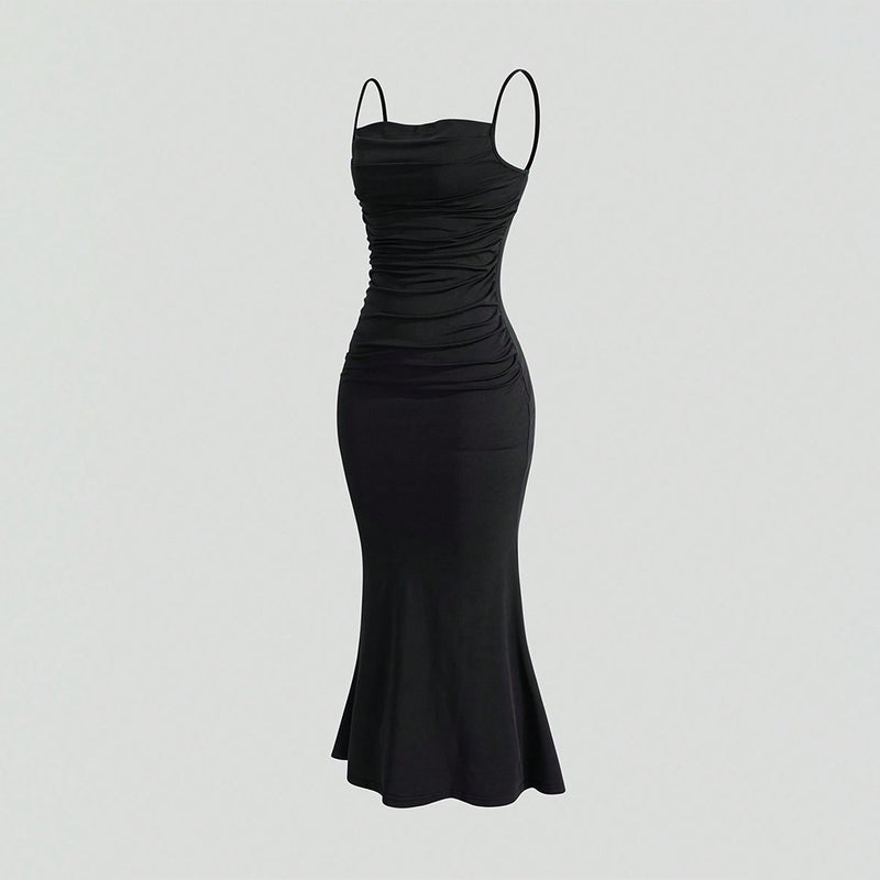 Black Sleeveless Bodycon Maxi Dress with Tie - Image 3