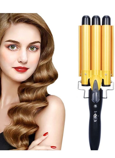Three Barrel Curling Iron Wand with LCD Temperature Display - 1 Inch Ceramic Tourmaline Triple Barrels, Dual Voltage Crimp