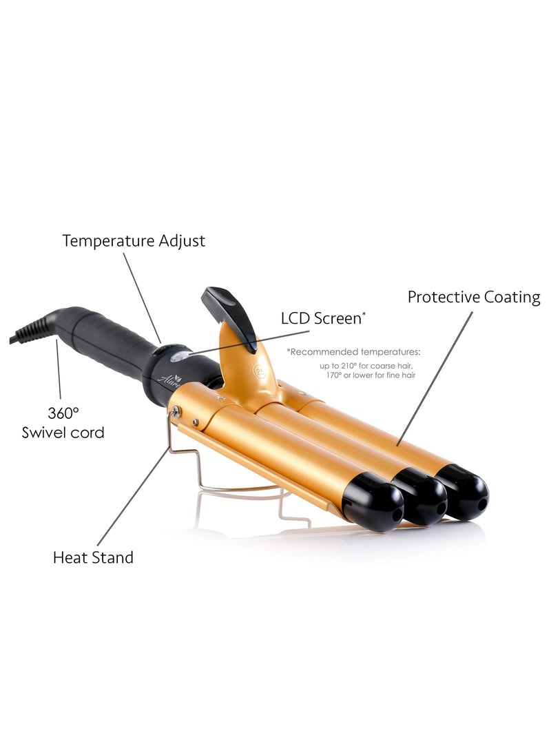 Three Barrel Curling Iron Wand with LCD Temperature Display - 1 Inch Ceramic Tourmaline Triple Barrels, Dual Voltage Crimp