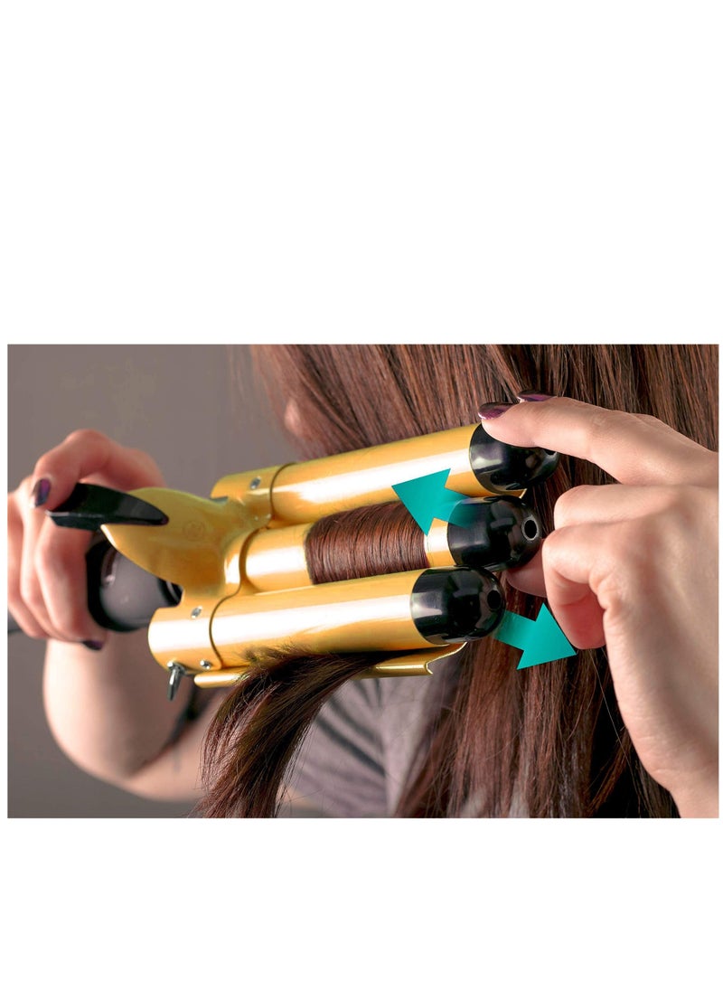 Three Barrel Curling Iron Wand with LCD Temperature Display - 1 Inch Ceramic Tourmaline Triple Barrels, Dual Voltage Crimp