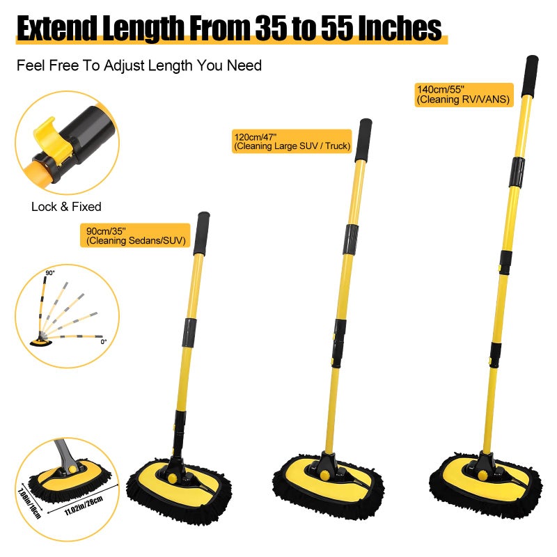 NiuMid Car Wash Brush with Long Handle, 55 inch Car Wash Mop Car Wash Kit Mitt Retractable Bent Pole Car Wash Brush for Cars RV Truck Boat - Image 2
