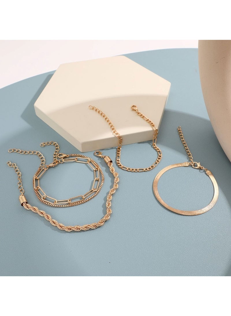 Huitich - Trendy Multi-Layer Stacking Chain Bracelet Set 5-Piece Gold Colour Plated Alloy - Image 1