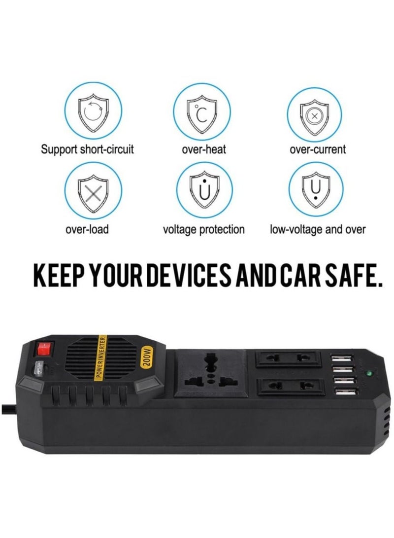 200W Power Inverter, DC 12V to AC 220V Car Power Inverter with 4 USB Port Cigarette Lighter - Image 3