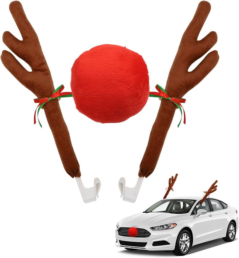 Abnaok Car Reindeer Antler Kit and Nose, Reindeer Christmas Decoration for Car Window Roof-Top & Front Grille,Christmas Reindeer Antlers Auto Decoration Set for Car SUV Van Truck - Image 1