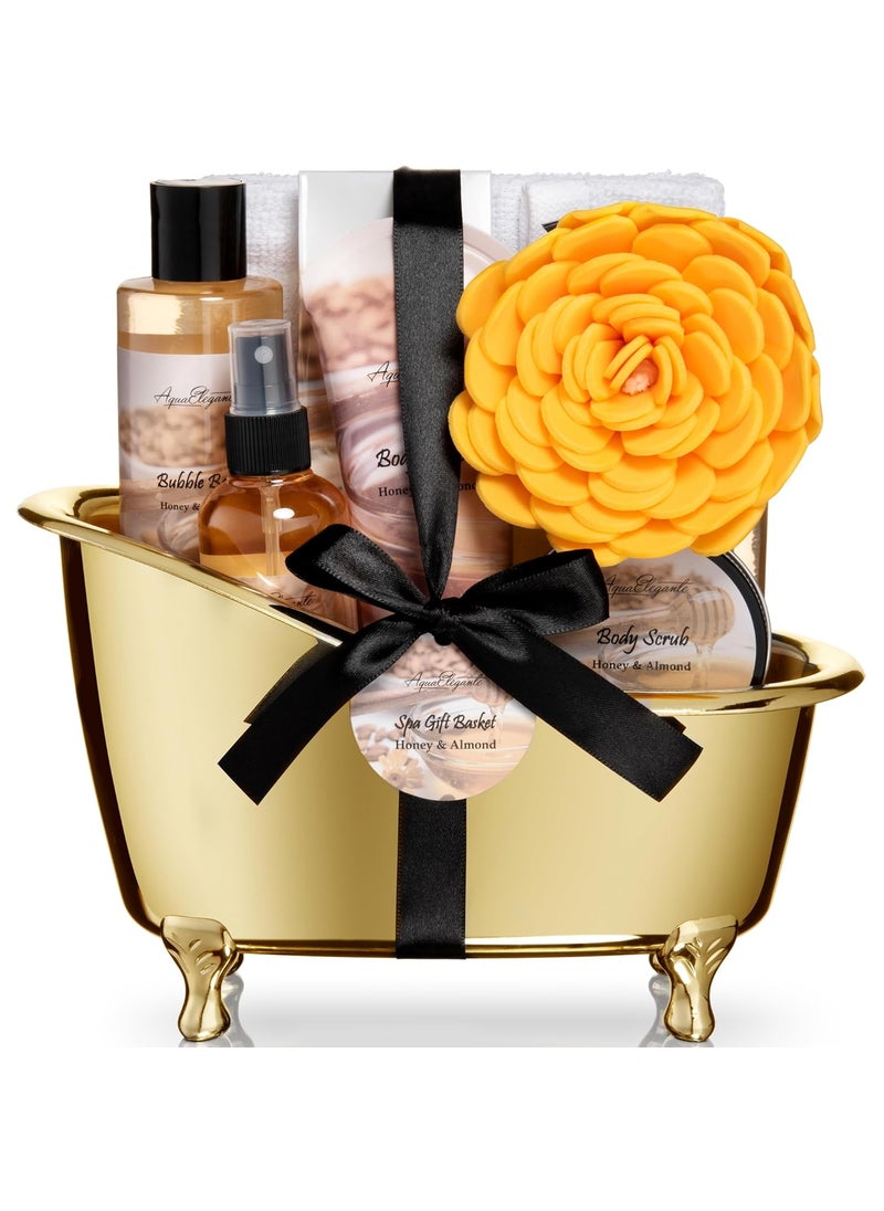Aqua Elegante Spa Gift Baskets For Women - Luxury Bath Set With Honey & Almond - Spa Kit Includes Body Wash, Bubble Bath, Lotion, Bath Salts, Body Scrub, Body Spray, Shower Puff, and Towel 