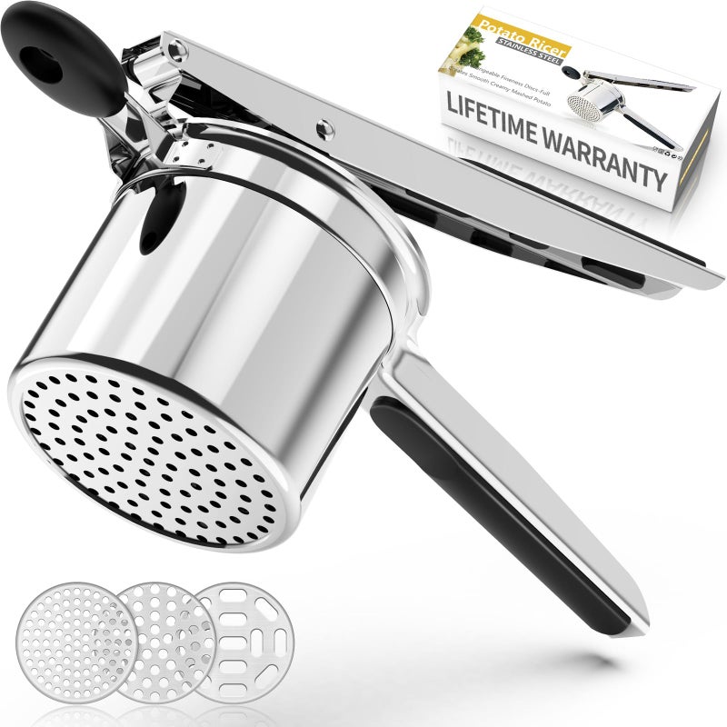Potato Ricer Ricer for Mashed Potatoes 3 Interchangeable Discs Potato Masher Stainless Steel for Fluffy Mashed Potatoes Heavy Duty Spaetzle Maker with Silicone Handle for Gnocchi Spaghetti