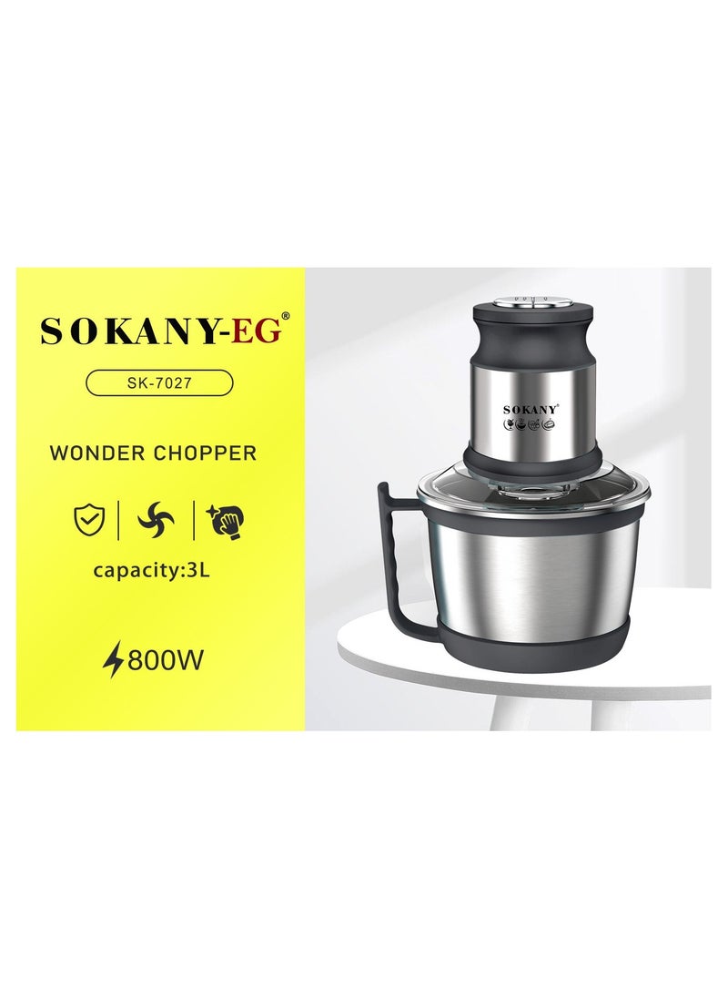 sokany Double-layer chopper and chopper, stainless steel bowl / 3 liters / 4 blades / 800 watts (SK-7027)  - Image 2