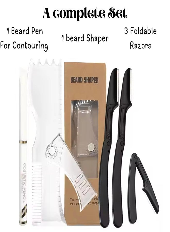 Sasha Square Adjustable Beard Shaper Template For Men- Kit With Flexible Beard Stencils, Barber Pencil & 3 Pcs Foldable Facial Razors, Style Beard As Per Your Face Shape (Beard Shaper - Transparent - Image 4