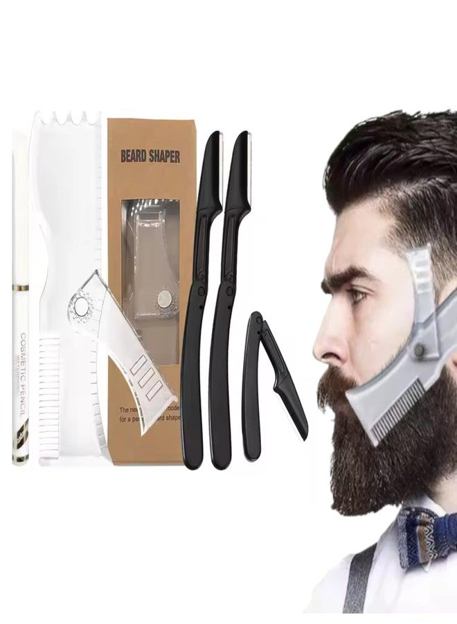 Sasha Square Adjustable Beard Shaper Template For Men- Kit With Flexible Beard Stencils, Barber Pencil & 3 Pcs Foldable Facial Razors, Style Beard As Per Your Face Shape (Beard Shaper - Transparent - Image 1