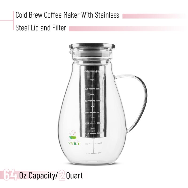 Brew To A Tea BTaT- صانع قهوة باردة، صانع قهوة مثلجة، سعة 2 لتر (2 كوارت، 64 أونصة)، صانع شاي مثلج، صانع قهوة باردة، إبريق شاي، ملحقات القهوة، إبريق شاي مثلج، نظام قهوة باردة، إبريق قهوة باردة - Image 2