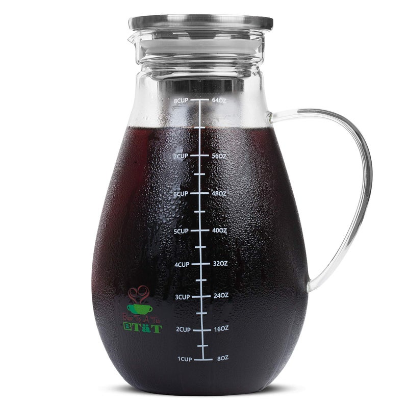 Brew To A Tea BTaT- صانع قهوة باردة، صانع قهوة مثلجة، سعة 2 لتر (2 كوارت، 64 أونصة)، صانع شاي مثلج، صانع قهوة باردة، إبريق شاي، ملحقات القهوة، إبريق شاي مثلج، نظام قهوة باردة، إبريق قهوة باردة - Image 1