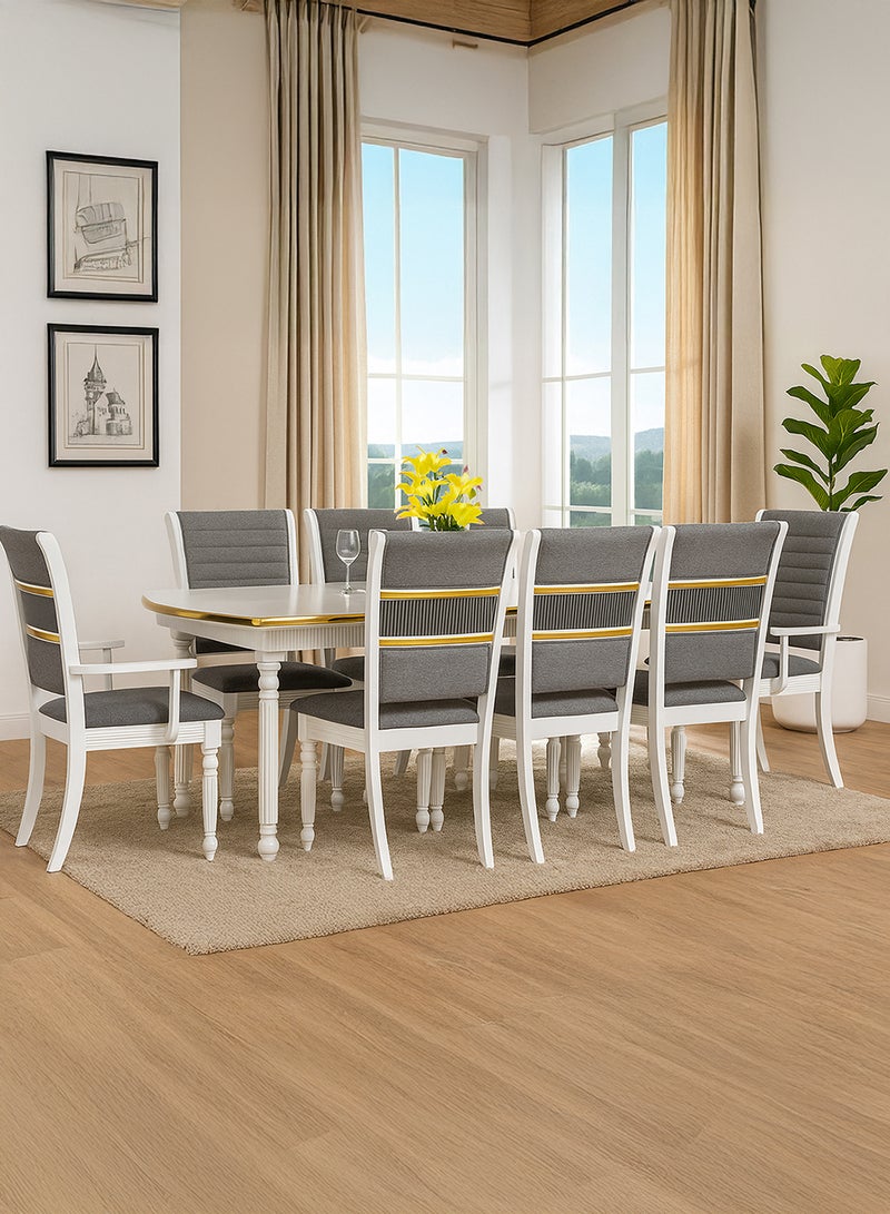 Royaloak Weston Wooden Dining Set 8 Seater | Dining Set with Cushioned Seats & Backrest for Comfort | Golden Piping Element with Solid Wooden Legs | Elegant Turned Fluted Legs for a Classic Touch - Image 1