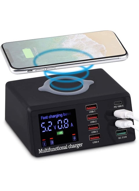 Multiple USB Charger 100W 8-Port Desktop Charging Station Hub with Quick Charge 3.0 USB Port PD Fast Wall Charger and LCD Display with 10W Wireless