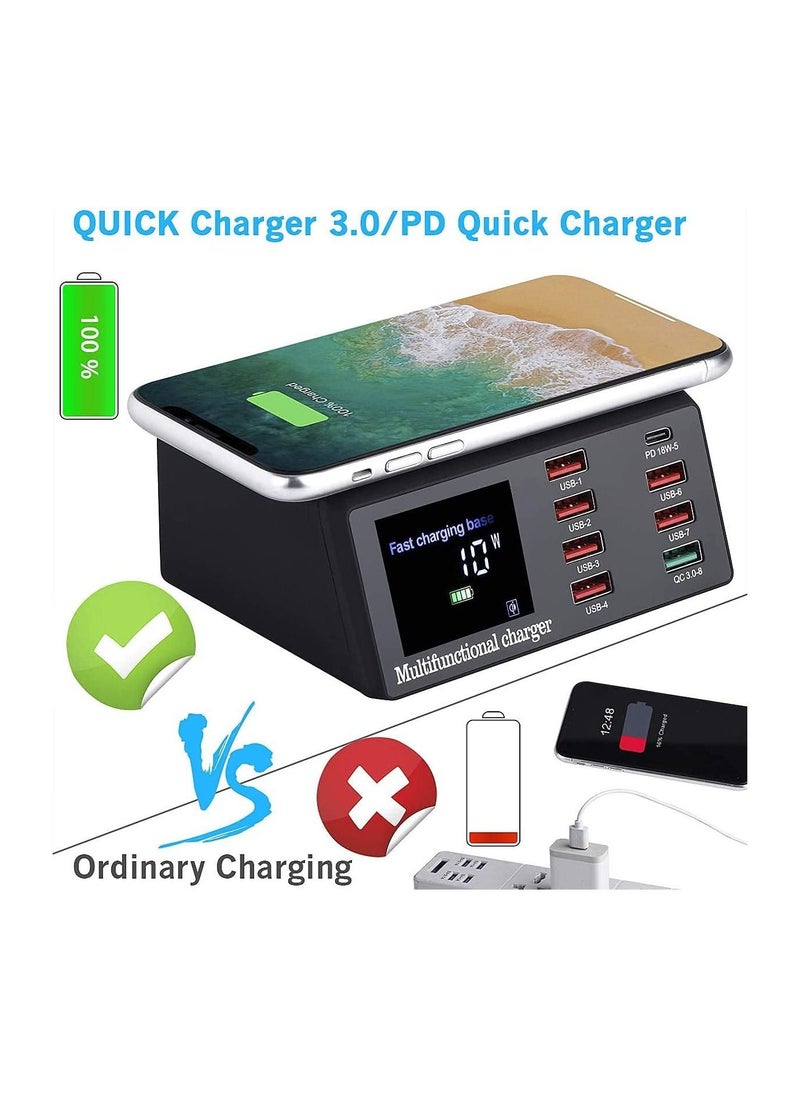 Generic - Multiple USB Charger 100W 8-Port Desktop Charging Station Hub with Quick Charge 3.0 USB Port PD Fast Wall Charger and LCD Display with 10W Wireless - Image 1