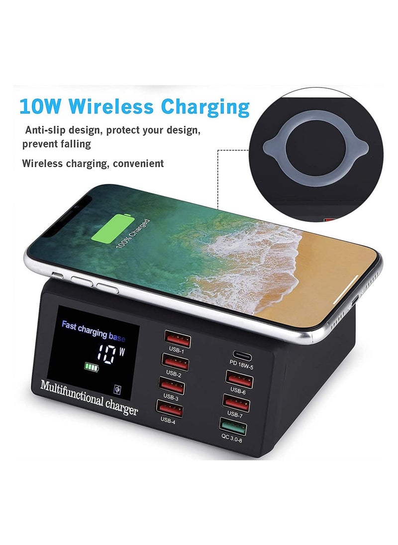 Generic - Multiple USB Charger 100W 8-Port Desktop Charging Station Hub with Quick Charge 3.0 USB Port PD Fast Wall Charger and LCD Display with 10W Wireless - Image 1