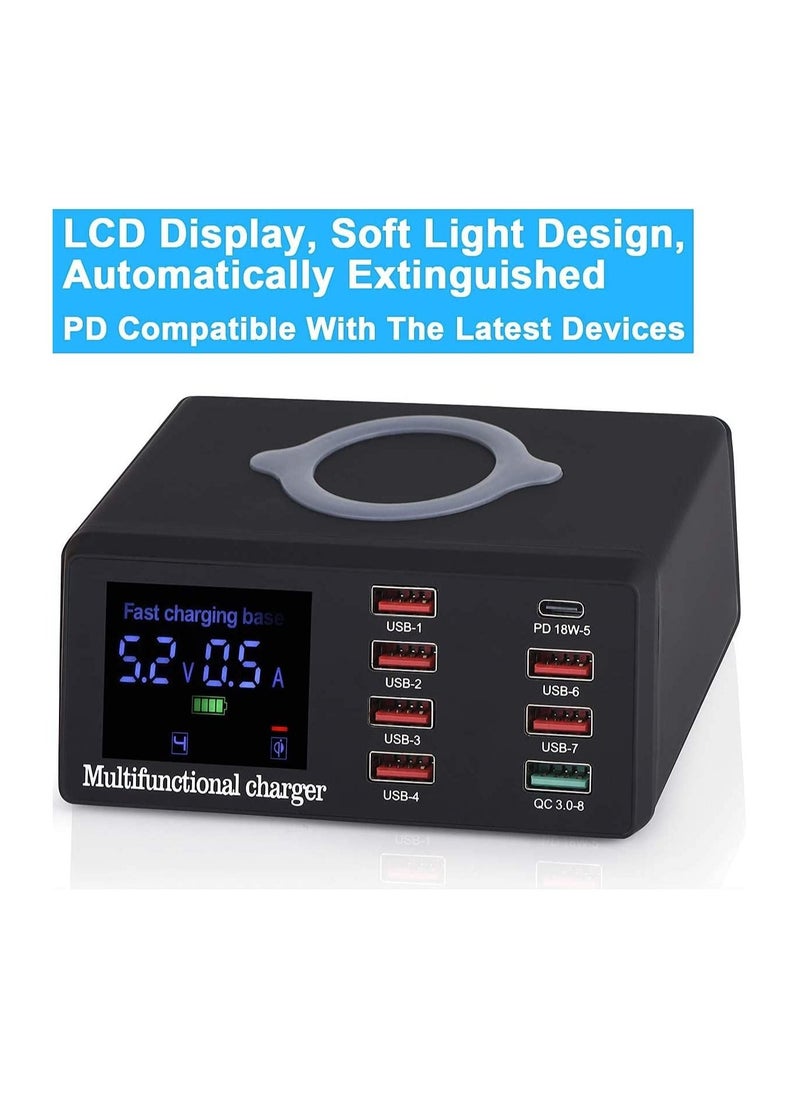 Generic - Multiple USB Charger 100W 8-Port Desktop Charging Station Hub with Quick Charge 3.0 USB Port PD Fast Wall Charger and LCD Display with 10W Wireless - Image 1
