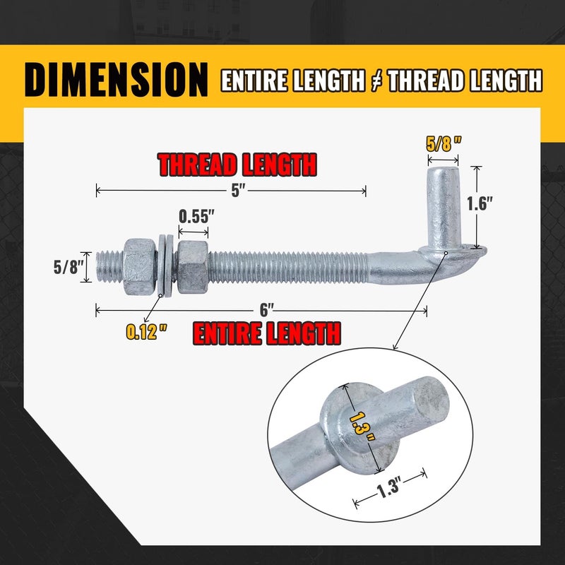 VIVIDA 6" J-Bolt Post Hinge, J Bolt Gate Hinge with 5/8" Male Pin, for Chain Link Fence Gate, Galvanized Steel, Nuts & Washers Included, 2 Pack - Image 2