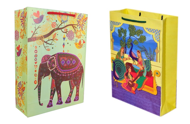TASCHE Tambura and Green Elephant Design Printed Assorted Gift Paper Bags | Gift Bags for Return gifts and Wedding presents (11 * 8 * 3 Inches) (Pack of 80) - Image 1