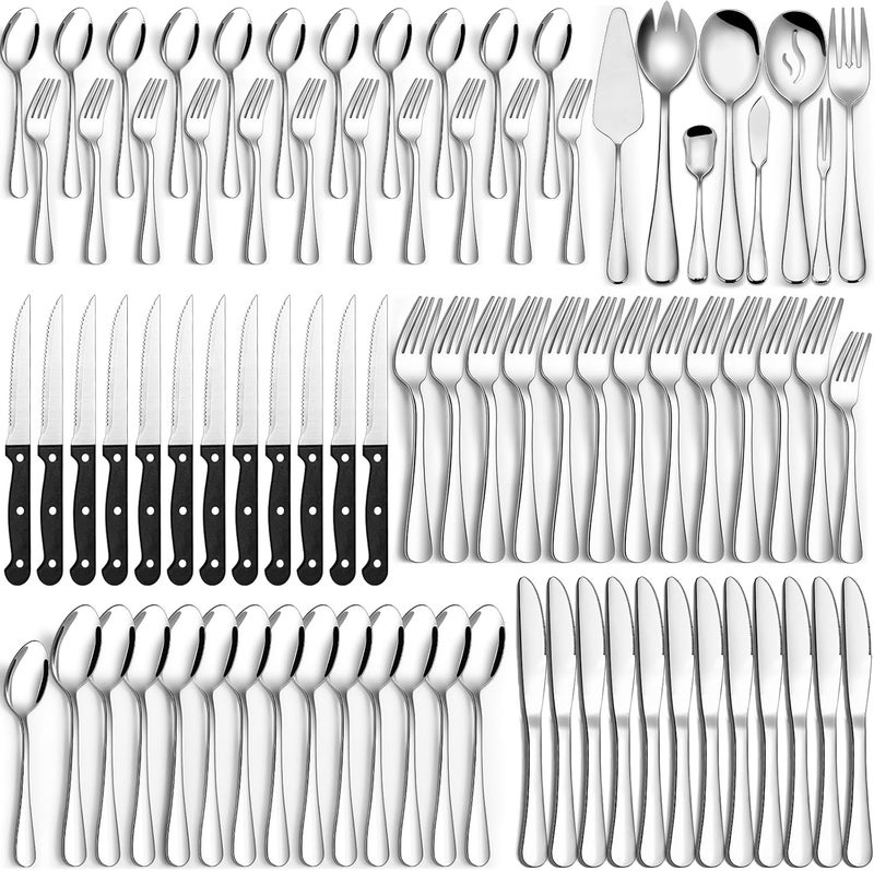 CEKEE 80 Pieces Silverware Set with Serving Utensils Set, Stainless Steel Flatware Set for 12 with Steak Knives, Heavy Duty Cutlery Set, Kitchen Utensil Sets for Home Restaurant, Dishwasher Safe - Image 1