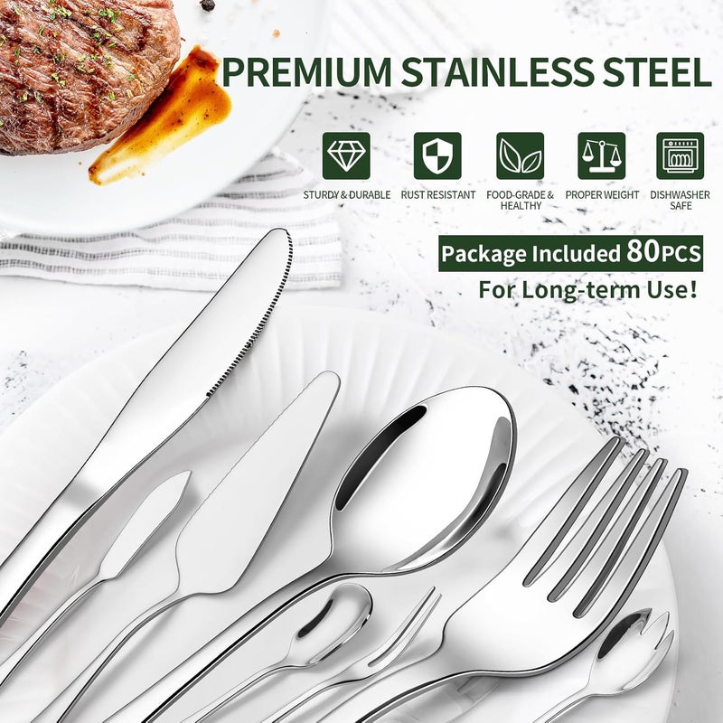 CEKEE 80 Pieces Silverware Set with Serving Utensils Set, Stainless Steel Flatware Set for 12 with Steak Knives, Heavy Duty Cutlery Set, Kitchen Utensil Sets for Home Restaurant, Dishwasher Safe - Image 3