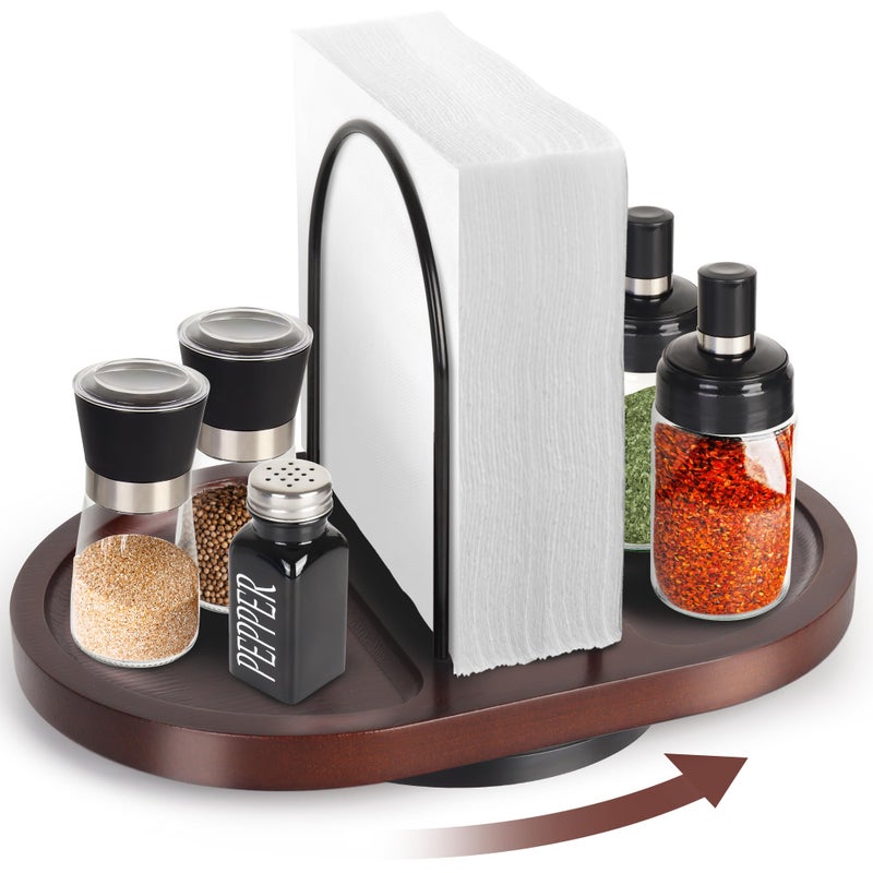 Primo Lines NP1 Wooden Rotating Napkin Holder with Salt and Pepper Shakers Rustic Metal Caddy Napkin Storage for Table Kitchen Countertop Dining Table Decor