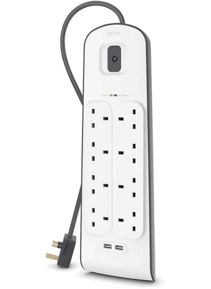 belkin Belkin 8 Way/8 Plug Surge Protection Strip With 2 Meters Cord Length - Heavy Duty Electrical Extension Socket x 2.4 A Shared USB Ports  - Image 1