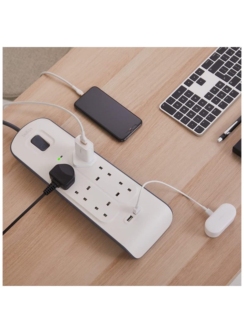 belkin Belkin 8 Way/8 Plug Surge Protection Strip With 2 Meters Cord Length - Heavy Duty Electrical Extension Socket x 2.4 A Shared USB Ports  - Image 4