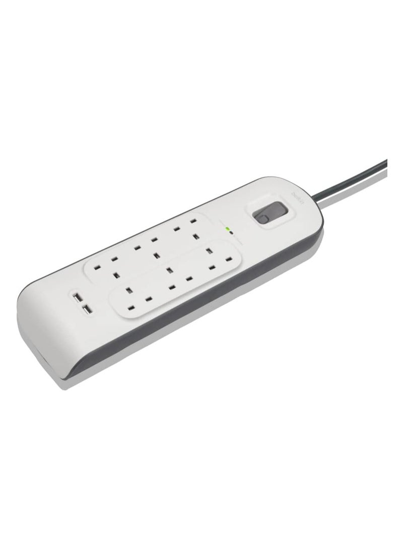 belkin Belkin 8 Way/8 Plug Surge Protection Strip With 2 Meters Cord Length - Heavy Duty Electrical Extension Socket x 2.4 A Shared USB Ports  - Image 3