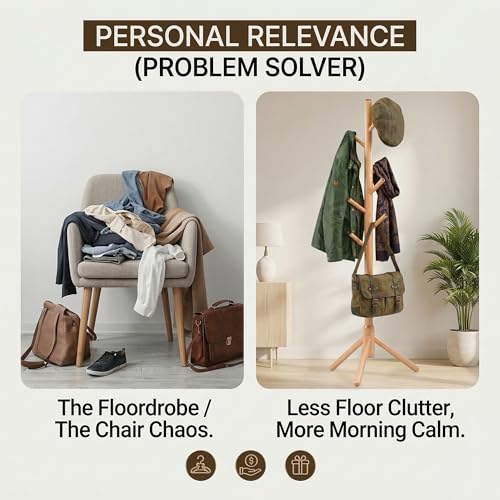 FROVA Wooden Clothes Hanging Stand with 8 Hooks | Free Standing Coat Hanger Stand for Home | Cloth Stand for Bedroom | Ideal for Coats, Hats, Bags, Scarves | 9x9x68 inch | 1 Piece (Beige) - Image 5