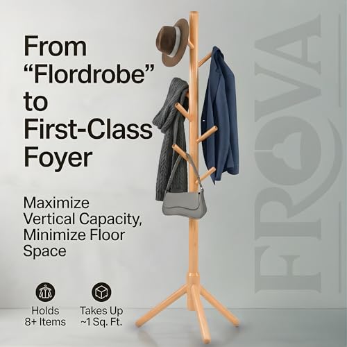 FROVA Wooden Clothes Hanging Stand with 8 Hooks | Free Standing Coat Hanger Stand for Home | Cloth Stand for Bedroom | Ideal for Coats, Hats, Bags, Scarves | 9x9x68 inch | 1 Piece (Beige) - Image 3
