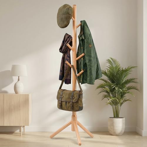 FROVA Wooden Clothes Hanging Stand with 8 Hooks | Free Standing Coat Hanger Stand for Home | Cloth Stand for Bedroom | Ideal for Coats, Hats, Bags, Scarves | 9x9x68 inch | 1 Piece (Beige) - Image 2