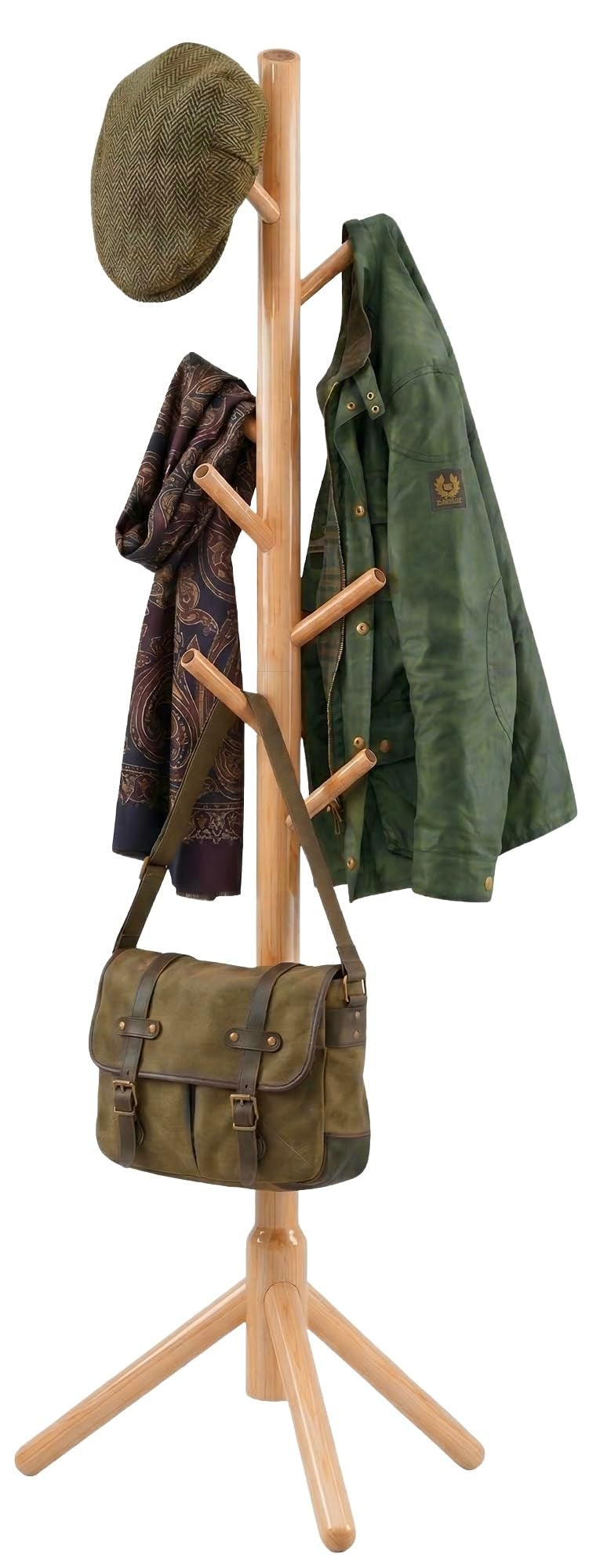 FROVA Wooden Clothes Hanging Stand with 8 Hooks | Free Standing Coat Hanger Stand for Home | Cloth Stand for Bedroom | Ideal for Coats, Hats, Bags, Scarves | 9x9x68 inch | 1 Piece (Beige) - Image 1