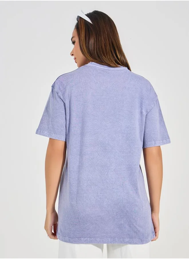 Styli Oversized Acid Wash Floral Graphic Print T-Shirt