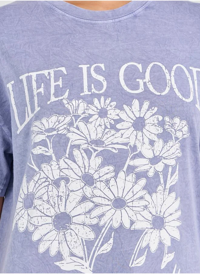 Styli Oversized Acid Wash Floral Graphic Print T-Shirt
