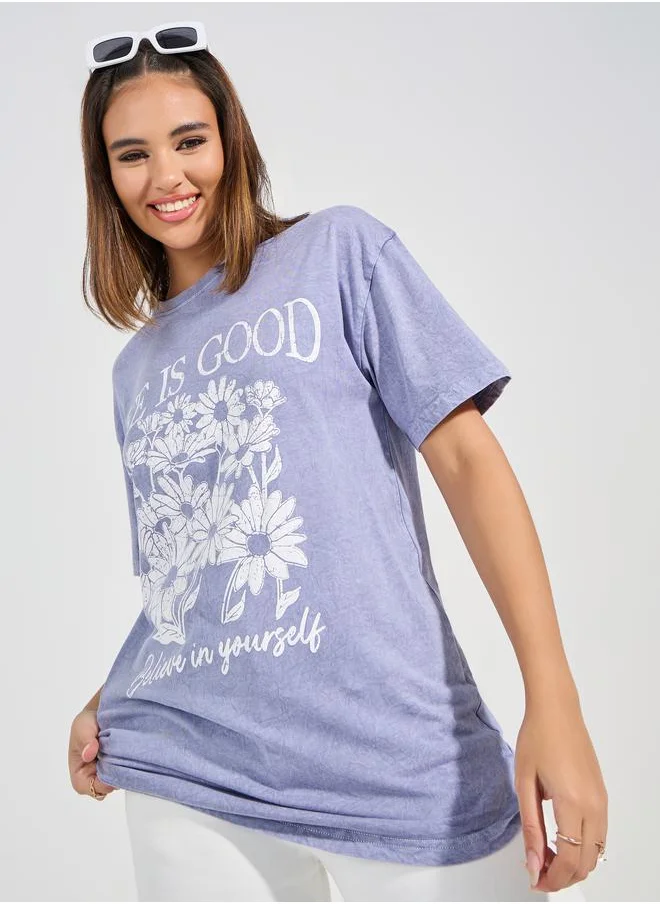 Styli Oversized Acid Wash Floral Graphic Print T-Shirt