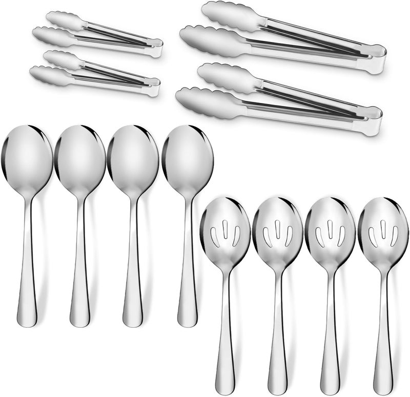 XEVOM 12PCS Stainless Steel Serving Utensils Sets - Large Serving Spoons,Slotted Spoons,Serving Tongs,Appetizer Tongs,Utensills Sets for Buffet Catering Banquet Party (Silver) - Image 1