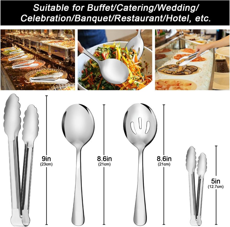 XEVOM 12PCS Stainless Steel Serving Utensils Sets - Large Serving Spoons,Slotted Spoons,Serving Tongs,Appetizer Tongs,Utensills Sets for Buffet Catering Banquet Party (Silver) - Image 2