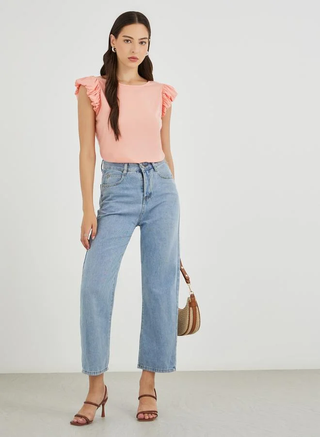 Take Two Solid Ruffled Sleeves Round Neck T-Shirt