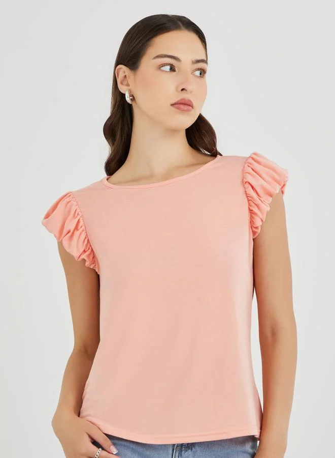 Take Two Solid Ruffled Sleeves Round Neck T-Shirt