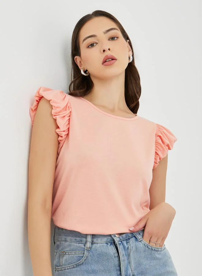 Take Two Solid Ruffled Sleeves Round Neck T-Shirt