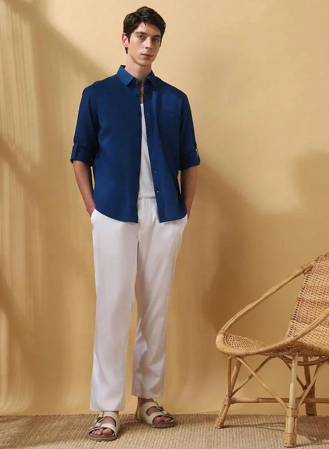 Dennis Lingo Men Blue Cotton Spread Collar Shirt