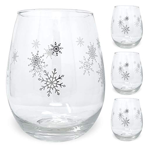 BANBERRY DESIGNS Snowflake Wine Glass Stemless  Set of 4  Winter Holiday Glasses with Silver Snow Flake Design  20 oz Capacity