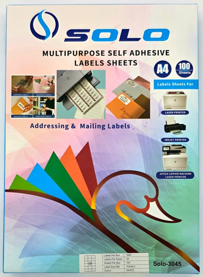 Solo Multi Purpose Laser Labels Sheet, (18 Sticker x 100 Sheets),Paper Size: A4, Sticker Size (70mm x 44.2mm) - Image 1