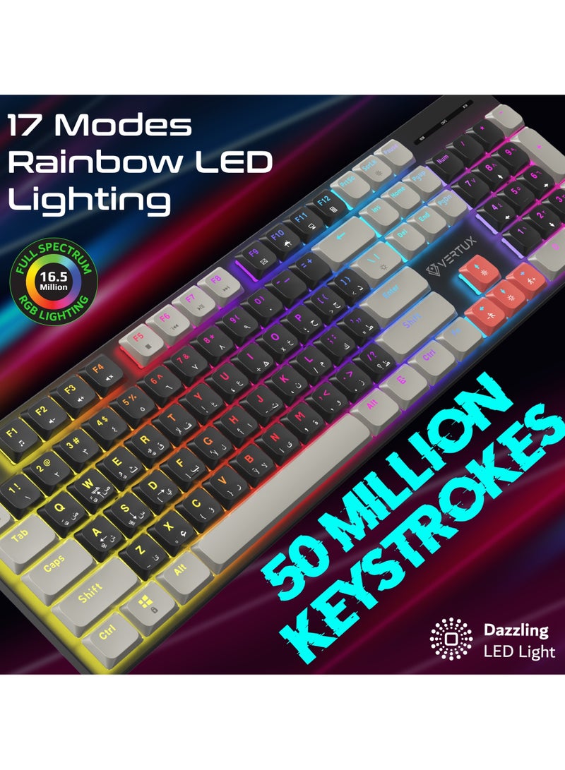 VERTUX Full-Size Mechanical Keyboard for Gamers With 17 LED Rainbow Modes, Low-Profile Dust-Proof Keys, 26 Anti-Ghosting Keys, and Stabilized Big Keys and Superior Performance – StealthKey English - Image 5